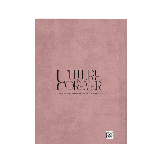 Future Is Forever soft pink journal back cover with black brand logo and website text on a textured background