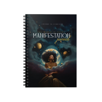 Future Is Forever spiral-bound manifestation journal featuring a celestial cosmic design with a woman and full moon.