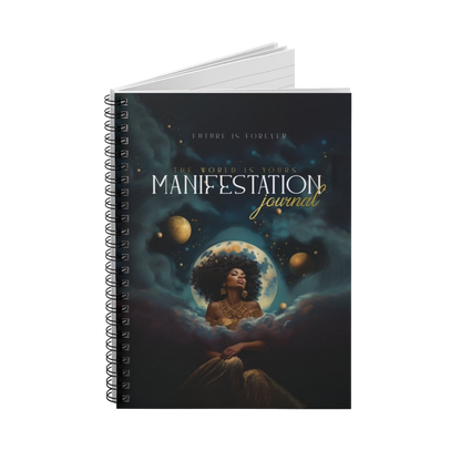 Future Is Forever spiral-bound manifestation journal featuring a celestial cosmic design with a woman and moon.