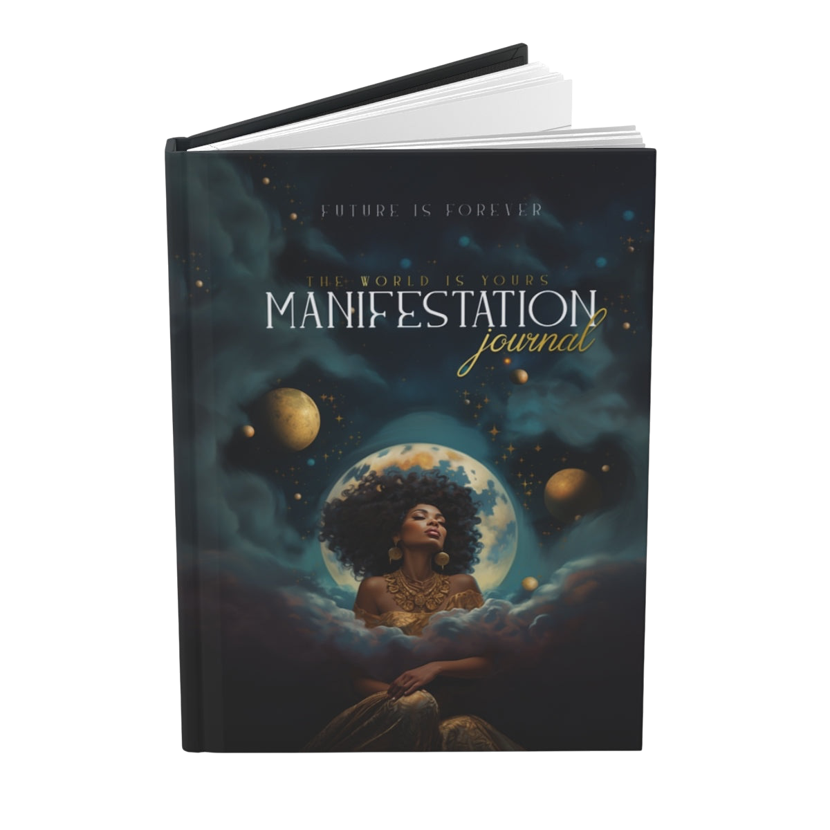 Future Is Forever manifestation journal featuring a celestial cosmic design with a woman and moon on a hardback cover