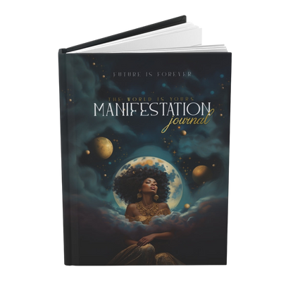 Future Is Forever manifestation journal featuring a celestial cosmic design with a woman and moon on a hardback cover