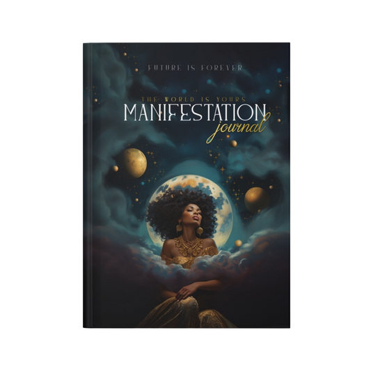 Future Is Forever manifestation journal featuring a celestial cosmic design with a woman, moon, and planets.