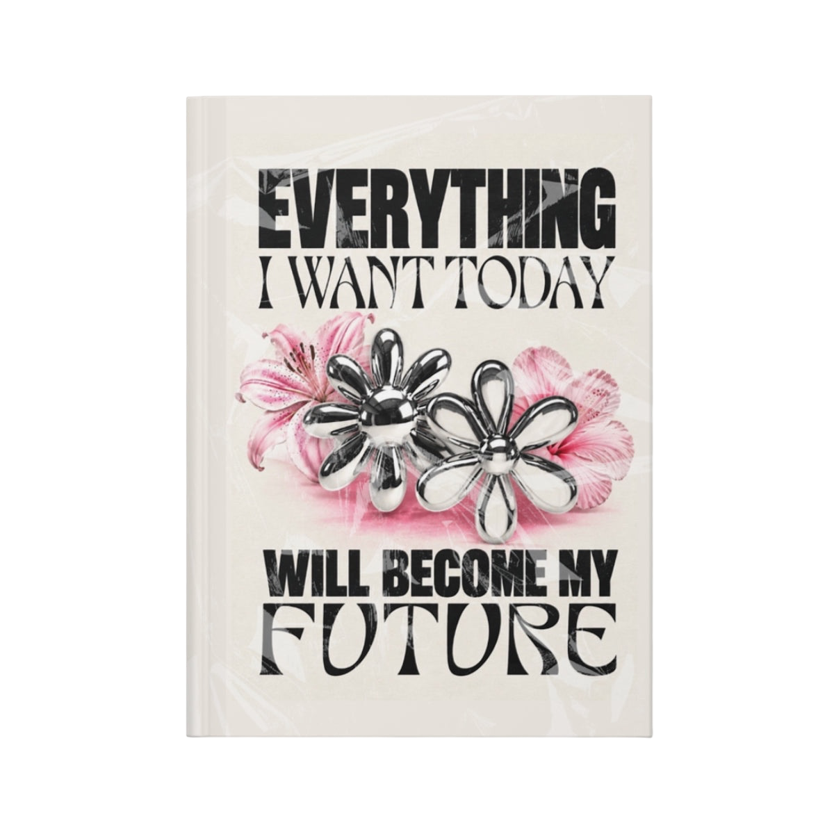 Future Is Forever journal with chrome floral design, pink accents, and inspirational text on a cream background.