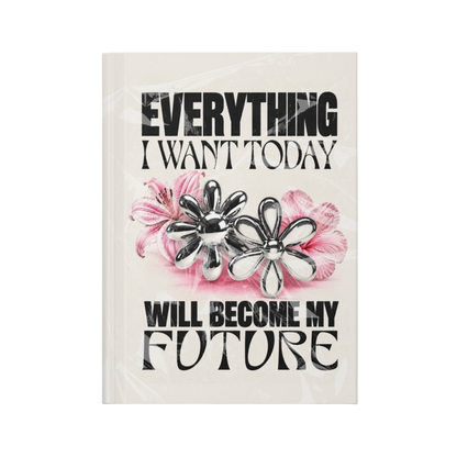 Future Is Forever journal with chrome floral design, pink accents, and inspirational text on a cream background.