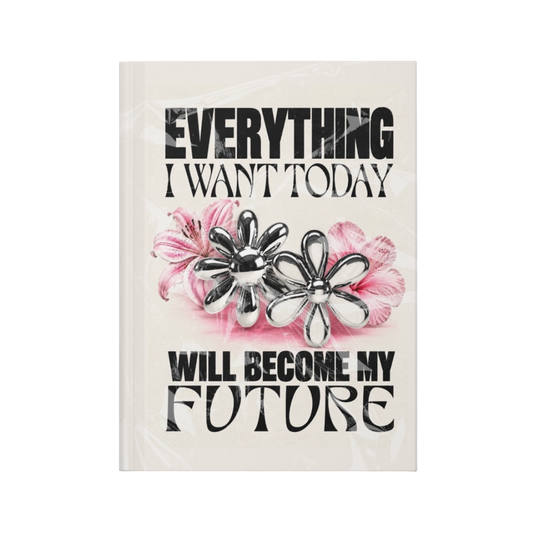 Future Is Forever journal with chrome floral design, pink accents, and inspirational text on a cream background.