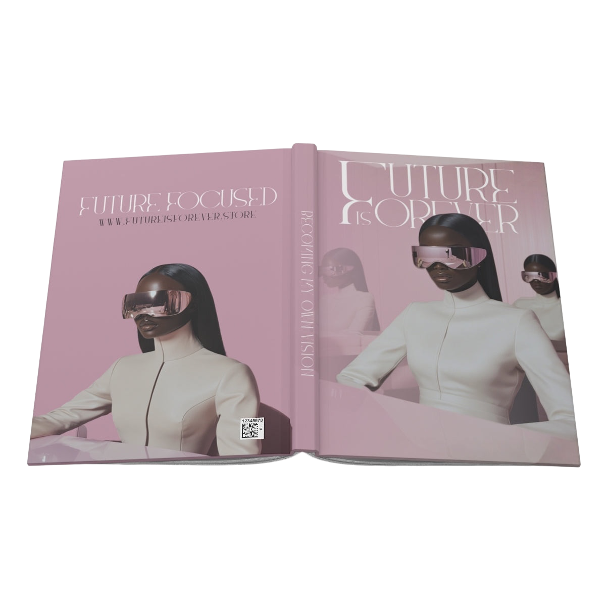 Future Is Forever Future Focused Journal with a pink matte cover featuring a futuristic woman in visor sunglasses.