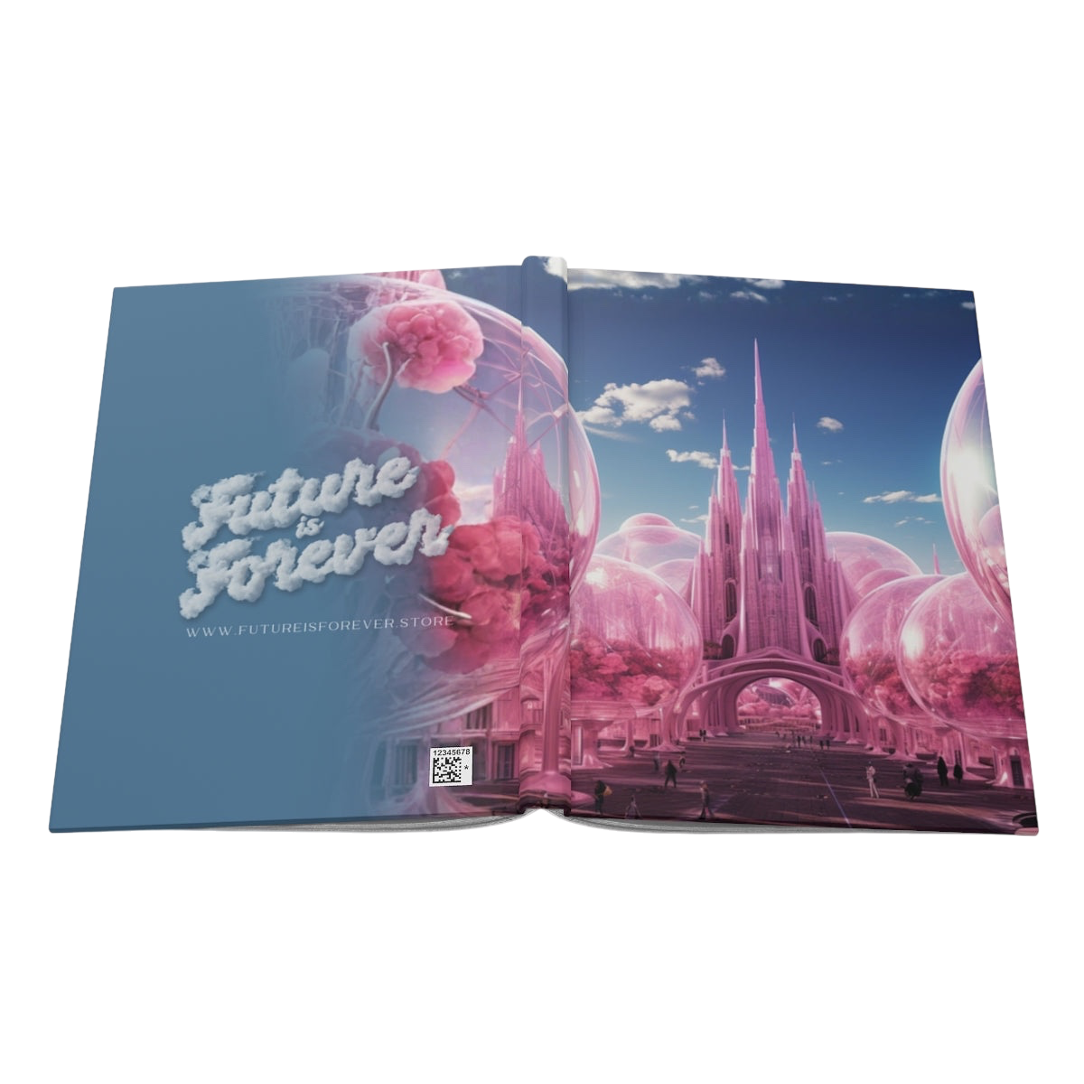 Future Is Forever Forever // 3000 journal open to a dreamy pink futuristic cityscape with glass domes and blue sky