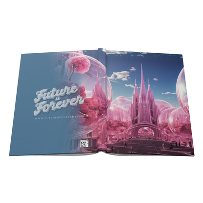 Future Is Forever Forever // 3000 journal open to a dreamy pink futuristic cityscape with glass domes and blue sky