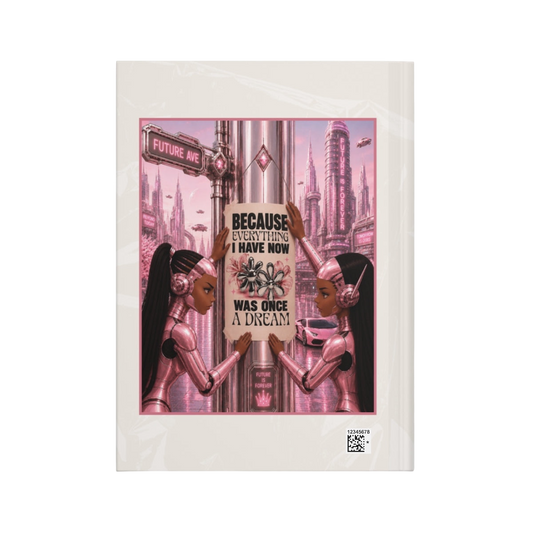 Future Is Forever journal featuring futuristic city art, chrome florals, and two cyborg women in soft pink tones.