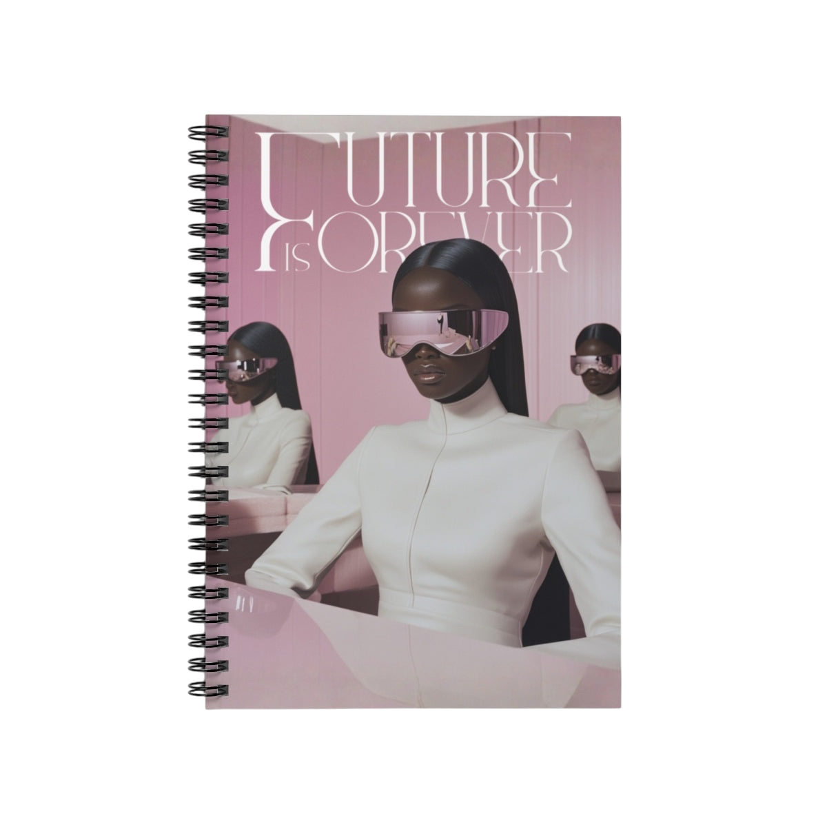 Future Is Forever spiral-bound journal featuring a futuristic woman in white attire and visor sunglasses on a pink cover