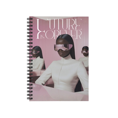 Future Is Forever spiral-bound journal featuring a futuristic woman in white attire and visor sunglasses on a pink cover
