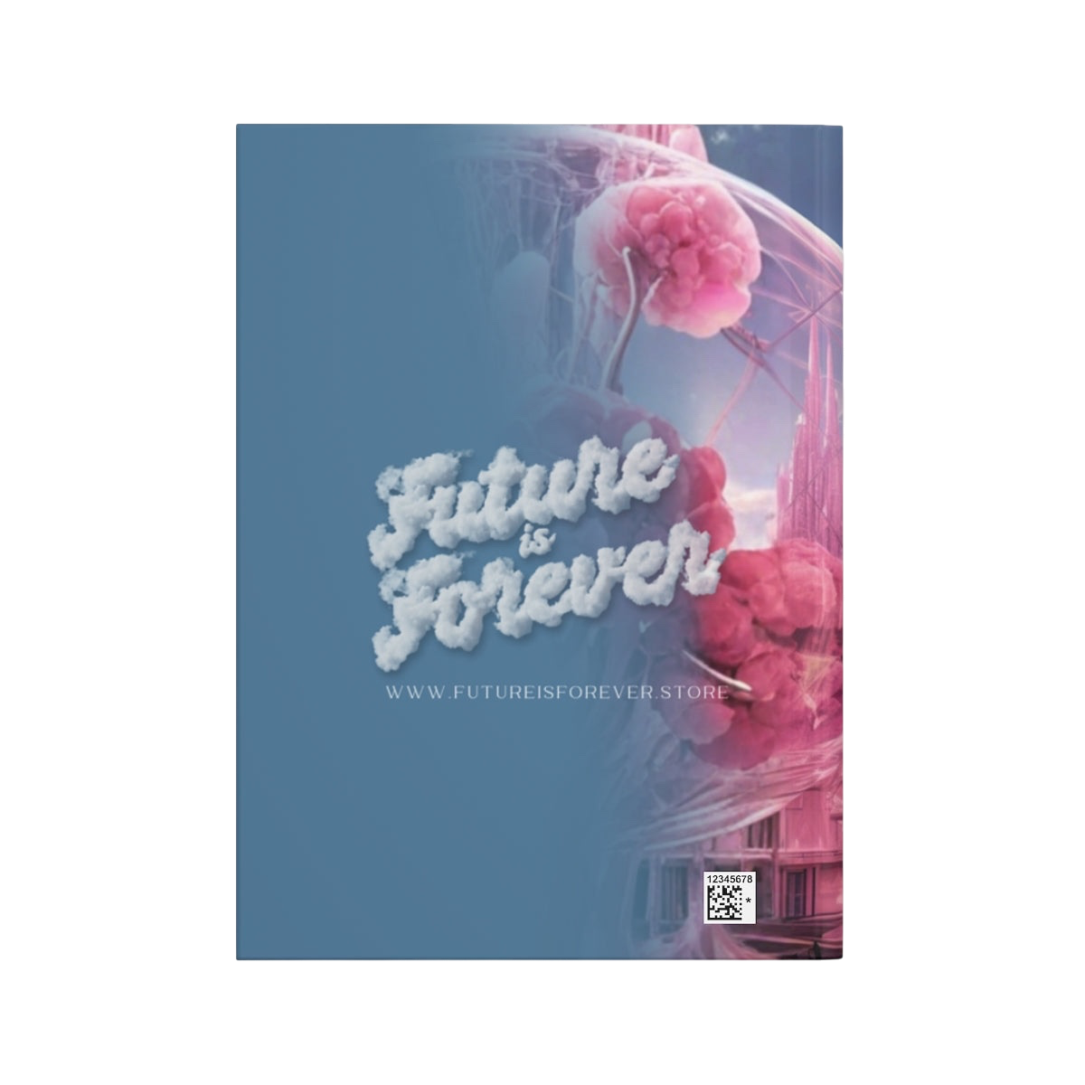 Future Is Forever journal back cover featuring a dreamy futuristic cityscape with pink architecture and blue sky
