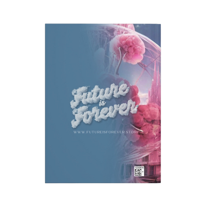 Future Is Forever journal back cover featuring a dreamy futuristic cityscape with pink architecture and blue sky