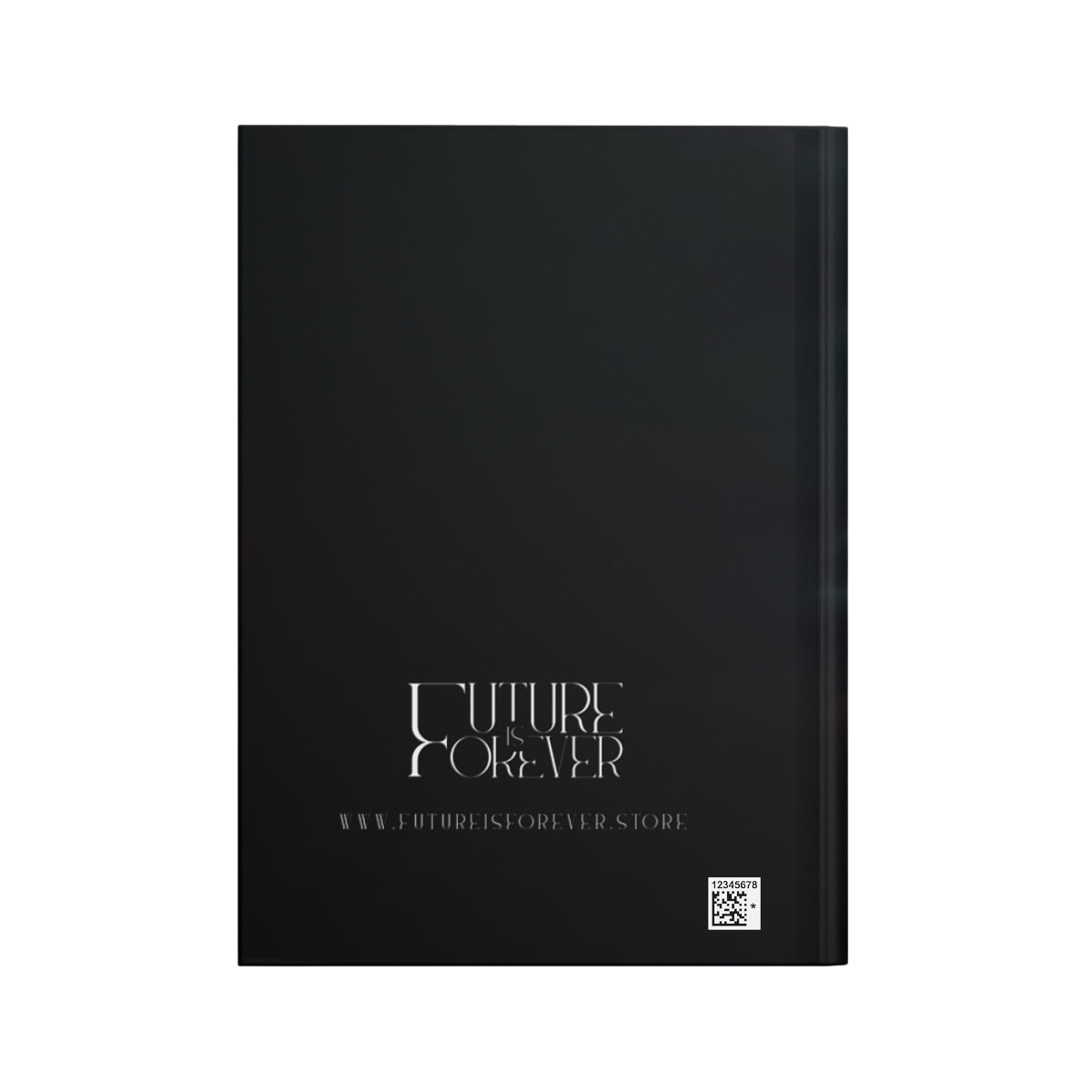 Back cover of the Future Is Forever manifestation journal featuring a minimalist black design with white logo text.