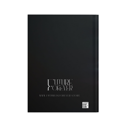 Back cover of the Future Is Forever manifestation journal featuring a minimalist black design with white logo text.