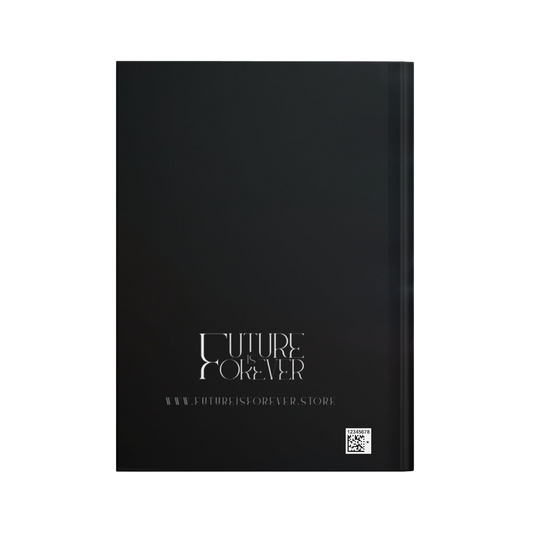 Back cover of the Future Is Forever manifestation journal featuring a minimalist black design with white logo text.