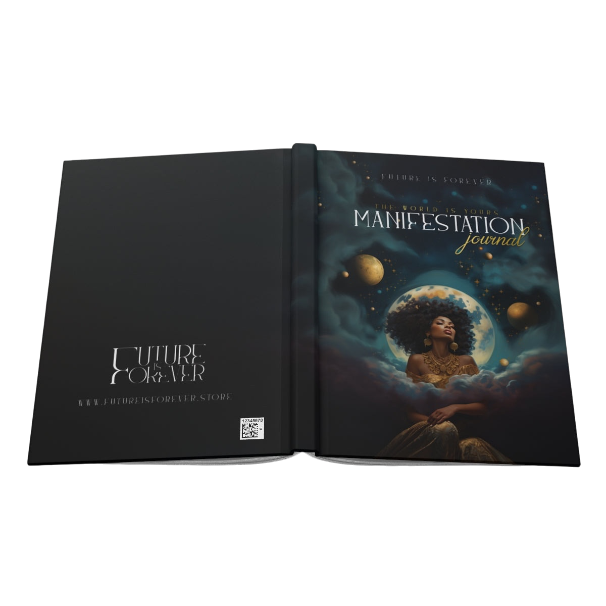 Future Is Forever manifestation journal featuring a celestial cover design with a woman, moon, and cosmic clouds.