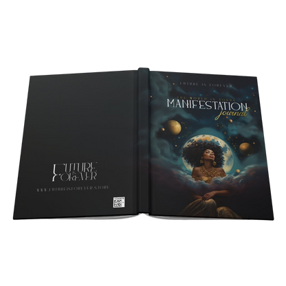 Future Is Forever manifestation journal featuring a celestial cover design with a woman, moon, and cosmic clouds.