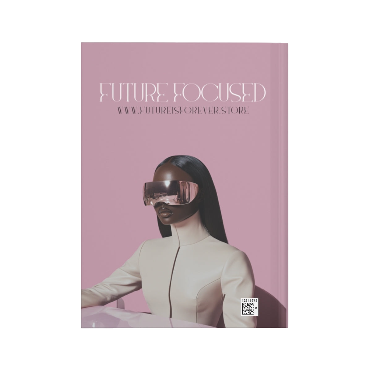 Future Is Forever Future Focused Journal in matte mauve with a futuristic woman wearing reflective visor sunglasses