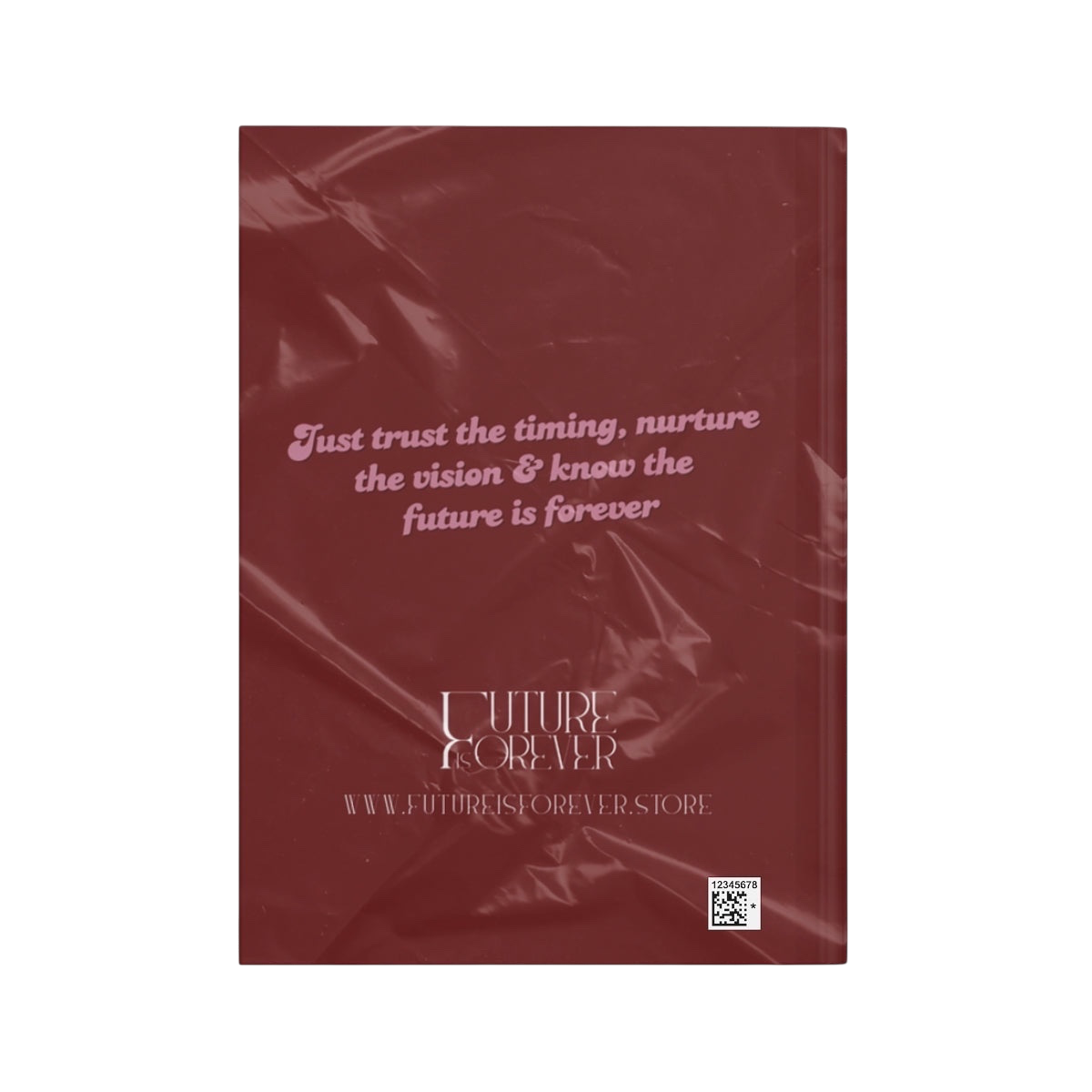 Future Is Forever Nurture the Vision journal back cover in deep red with Y2K inspired typography and branding.