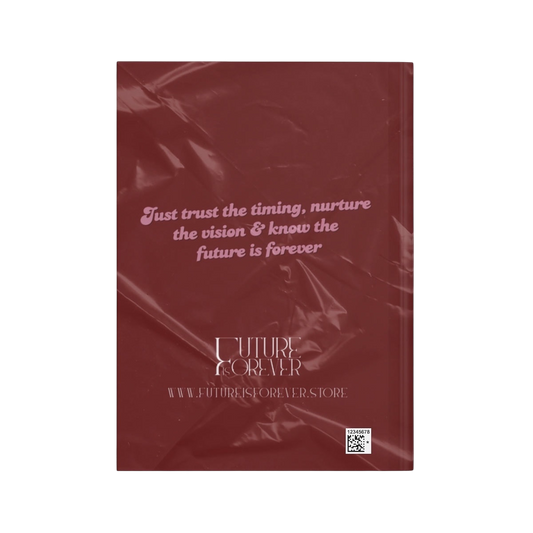 Future Is Forever Nurture the Vision journal back cover in deep red with Y2K inspired typography and branding.