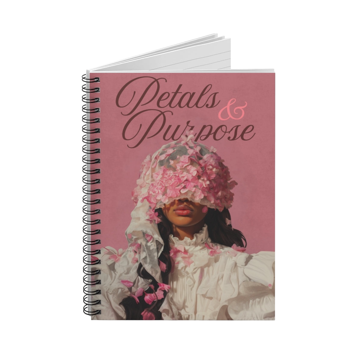Future Is Forever Petals & Purpose spiral journal featuring a romantic floral woman illustration on a pink cover.