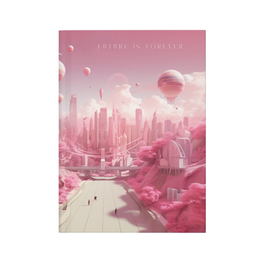 Future Is Forever journal featuring a dreamy pink futuristic cityscape with hot air balloons and soft clouds.