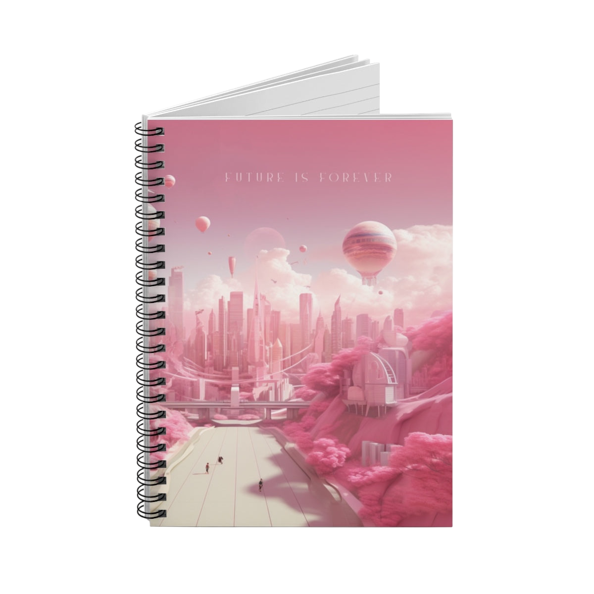 Future Is Forever spiral-bound journal featuring a dreamy pink futuristic cityscape with hot air balloons.