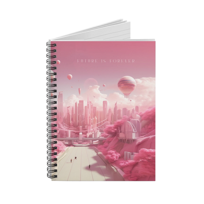 Future Is Forever spiral-bound journal featuring a dreamy pink futuristic cityscape with hot air balloons.