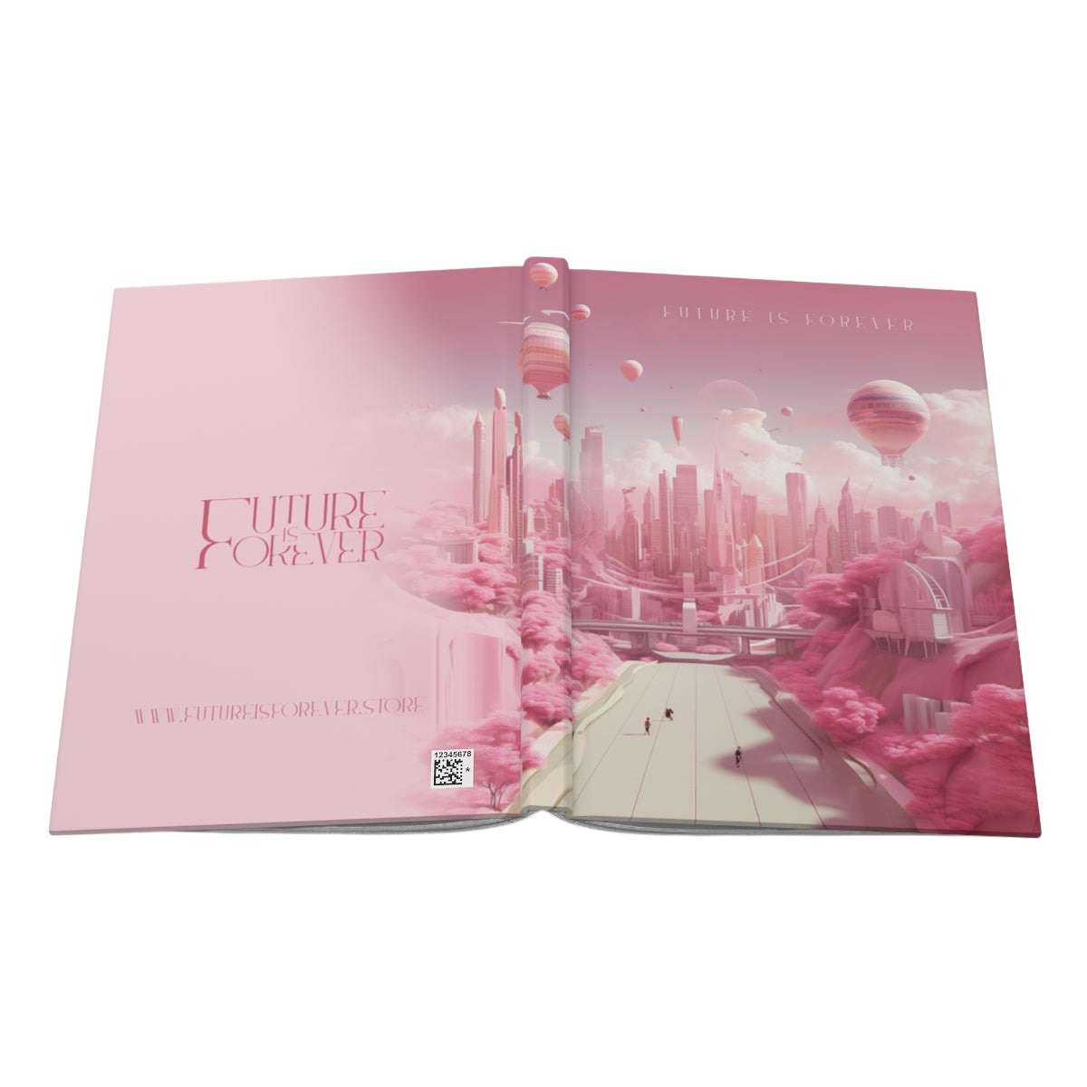 Future Is Forever journal featuring a pink futuristic cityscape with floating balloons on the cover and back.