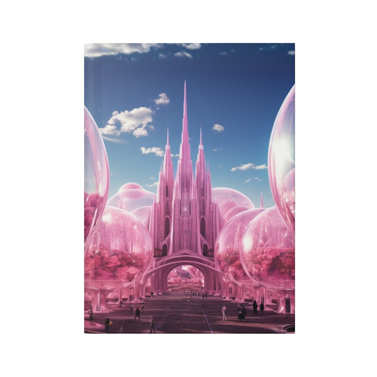 Future Is Forever journal featuring a futuristic pink cityscape with glass gardens under a bright blue sky