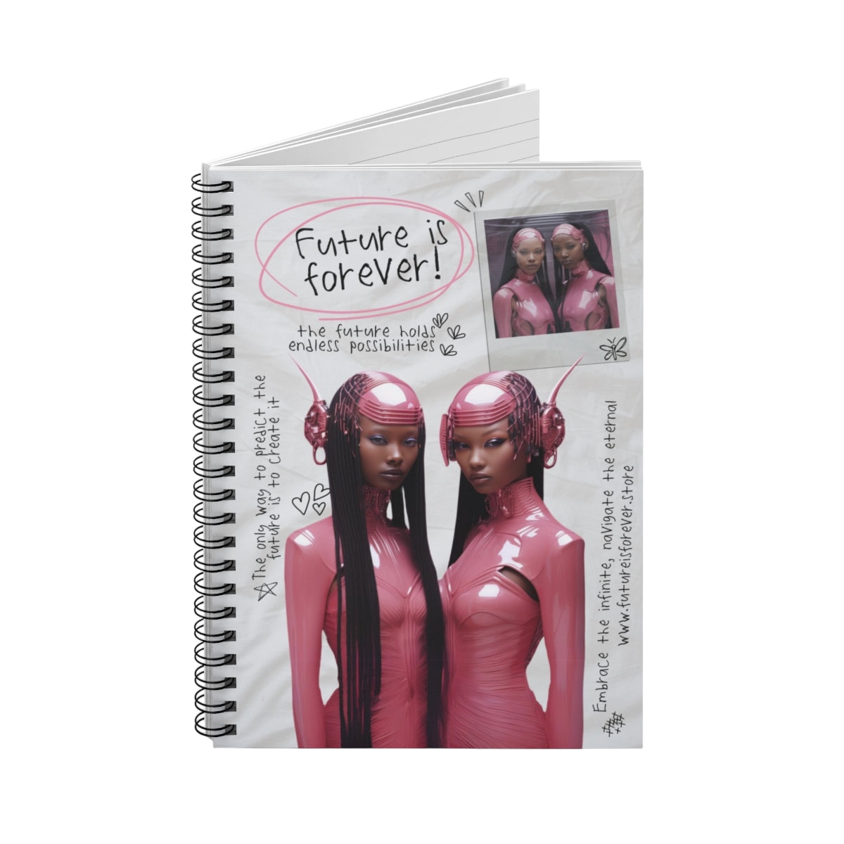 Future Is Forever spiral-bound journal featuring a futuristic pink cyber aesthetic with twin models on the cover.