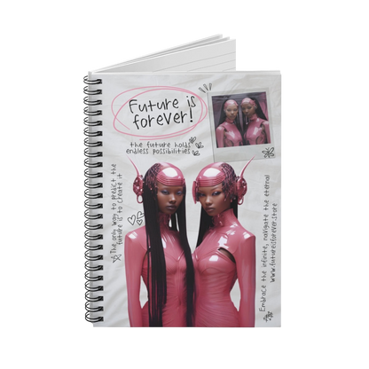 Future Is Forever spiral-bound journal featuring a futuristic pink cyber aesthetic with twin models on the cover.