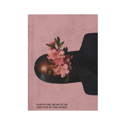 Future Is Forever The Words I Become journal featuring a pink cover with a woman holding pink flowers over her face.