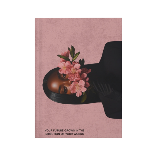 Future Is Forever The Words I Become journal featuring a pink cover with a woman holding pink flowers over her face.