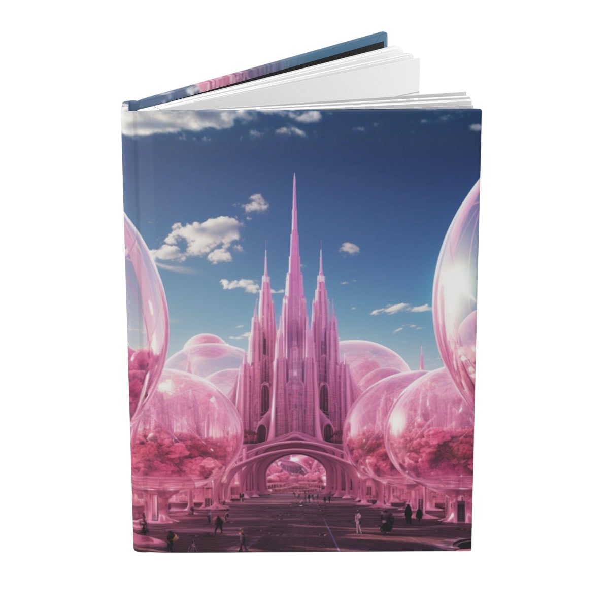 Future Is Forever hardcover journal featuring a dreamy pink futuristic cityscape with glass domes and blue sky.