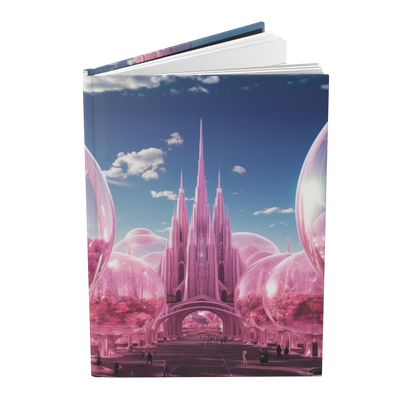Future Is Forever hardcover journal featuring a dreamy pink futuristic cityscape with glass domes and blue sky.