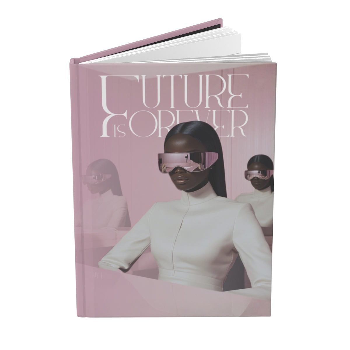 Future Is Forever Future Focused Journal in matte pink with a futuristic graphic of a woman in reflective visor glasses.