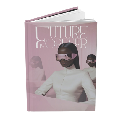 Future Is Forever Future Focused Journal in matte pink with a futuristic graphic of a woman in reflective visor glasses.