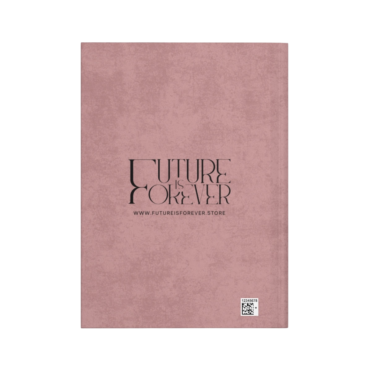Future Is Forever soft pink journal back cover with black brand logo and website text on a textured background