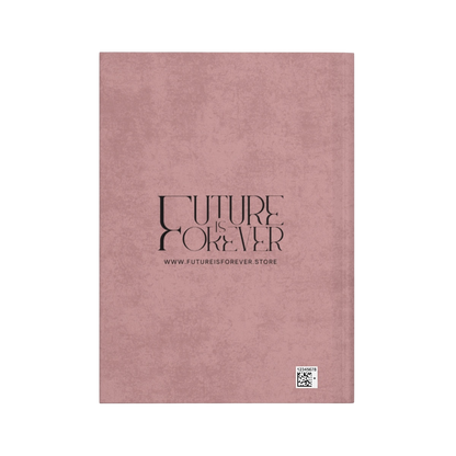 Future Is Forever soft pink journal back cover with black brand logo and website text on a textured background