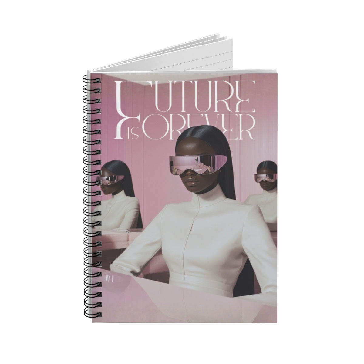Future Is Forever spiral-bound journal featuring a futuristic woman in white attire and visor sunglasses on the cover.