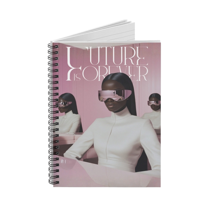 Future Is Forever spiral-bound journal featuring a futuristic woman in white attire and visor sunglasses on the cover.
